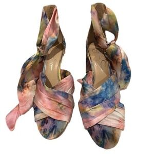 Jessica Simpson 8 Medium Tie Dye Sandals 3" Block Heel Satin Ankle Ties